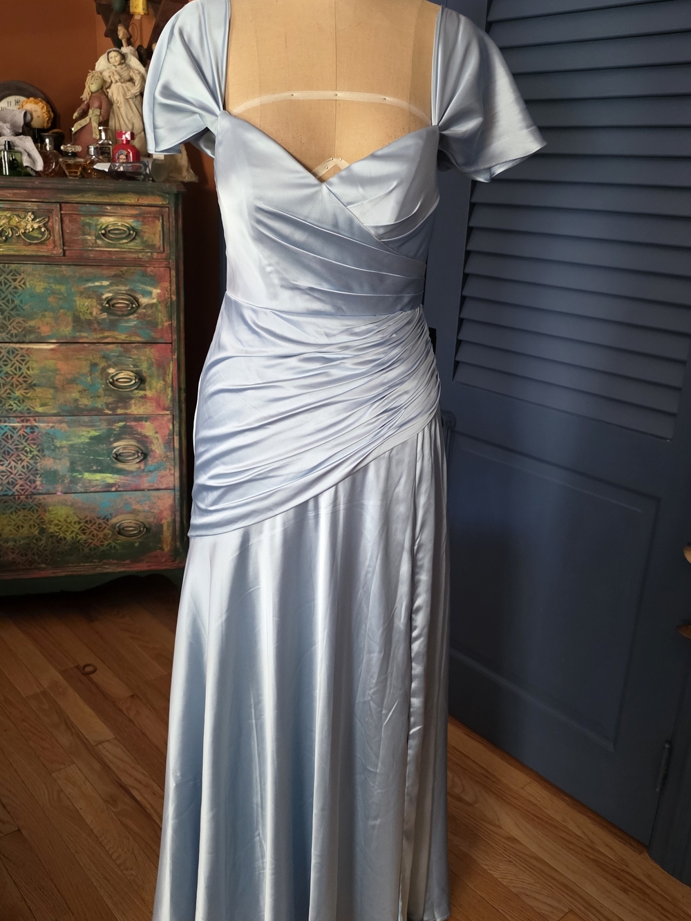 NWT Mac Duggal Hard Satin Off The Shoulder Crossover Gown French Blue 2